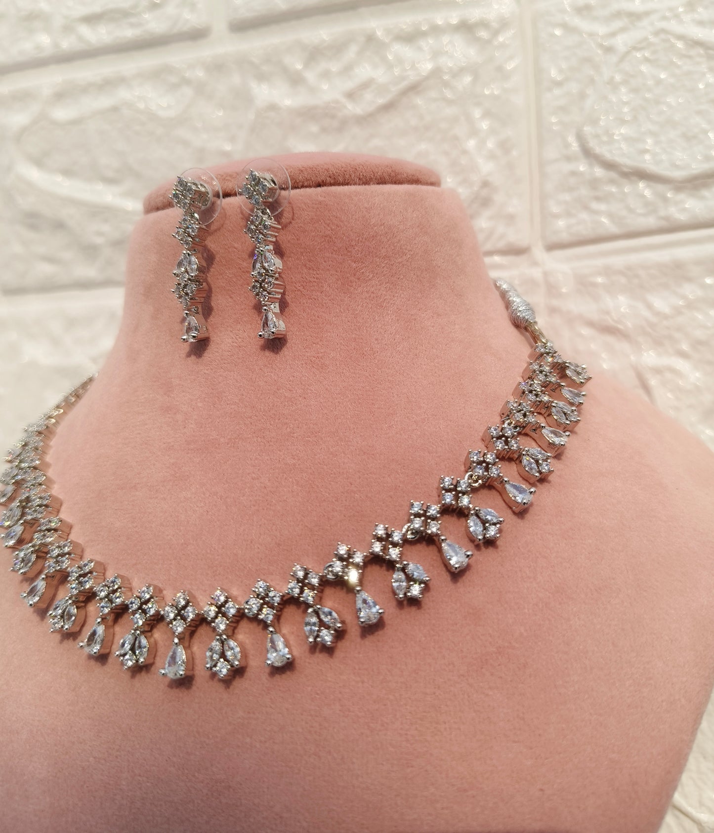 Silver Mini stone American Diamond Necklace set