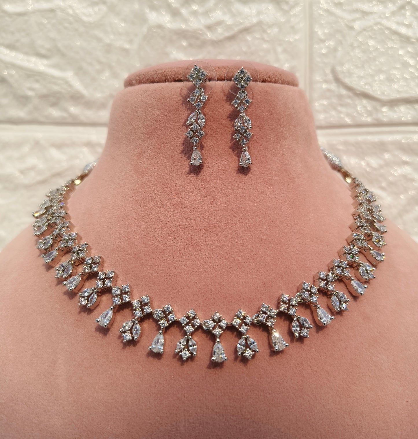 Silver Mini stone American Diamond Necklace set