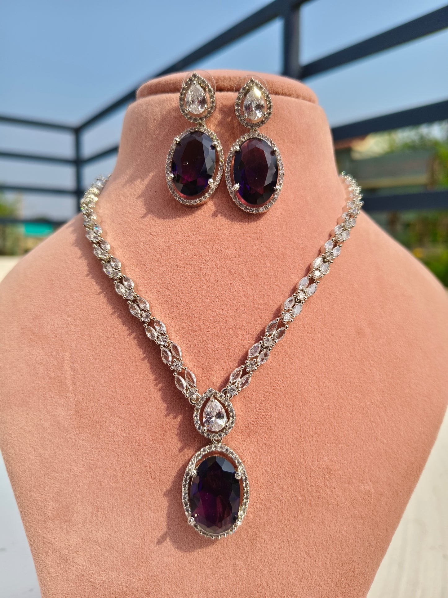 Oval Pendent Purple Zirconia Necklace Set