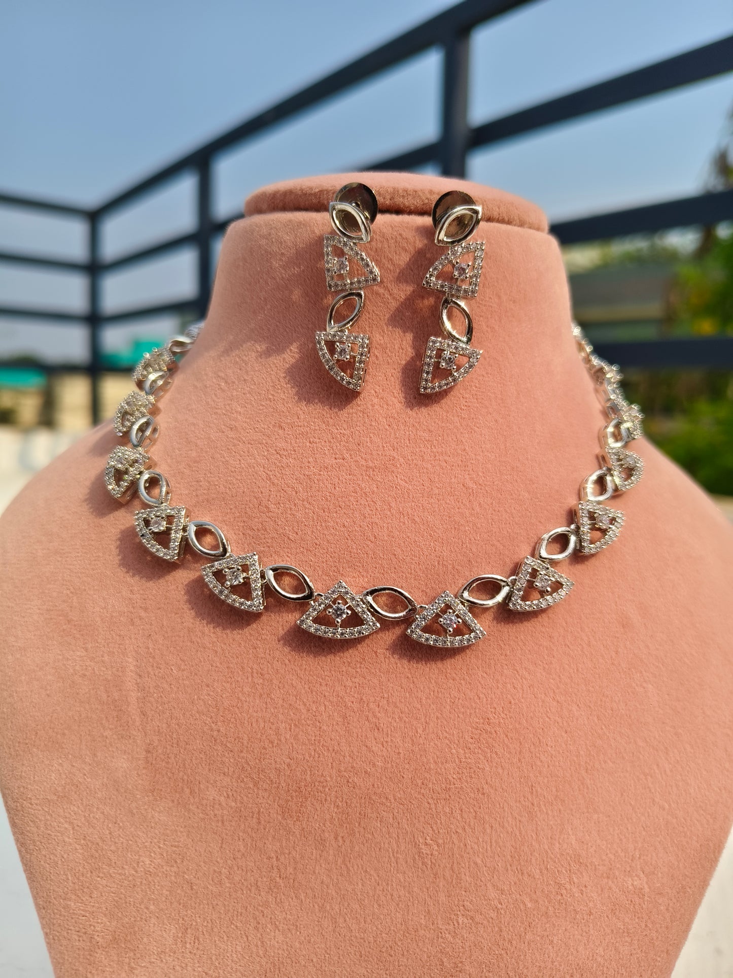 Silver Tri Shaped Zirconia Necklace Set