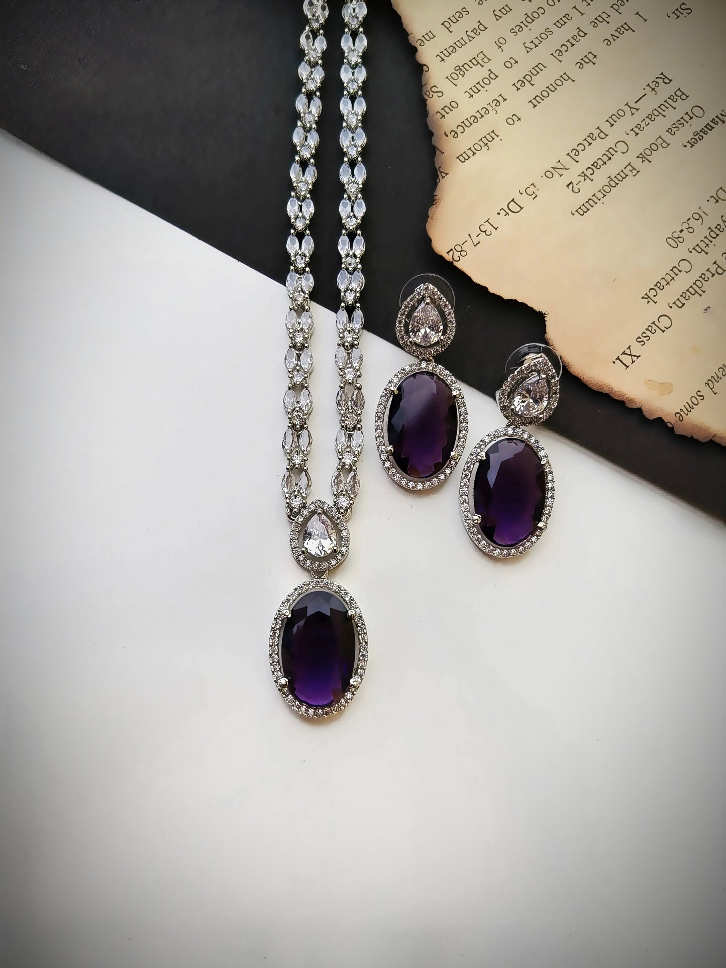 Oval Pendent Purple Zirconia Necklace Set