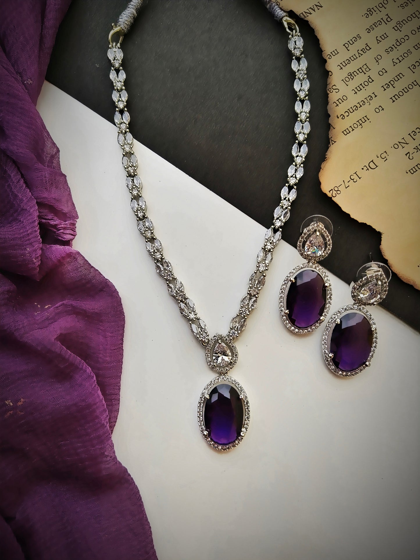 Oval Pendent Purple Zirconia Necklace Set