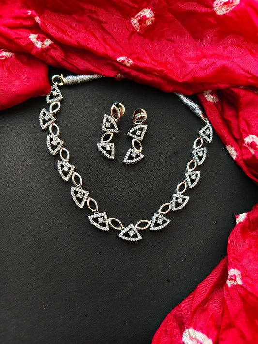 Silver Tri Shaped Zirconia Necklace Set