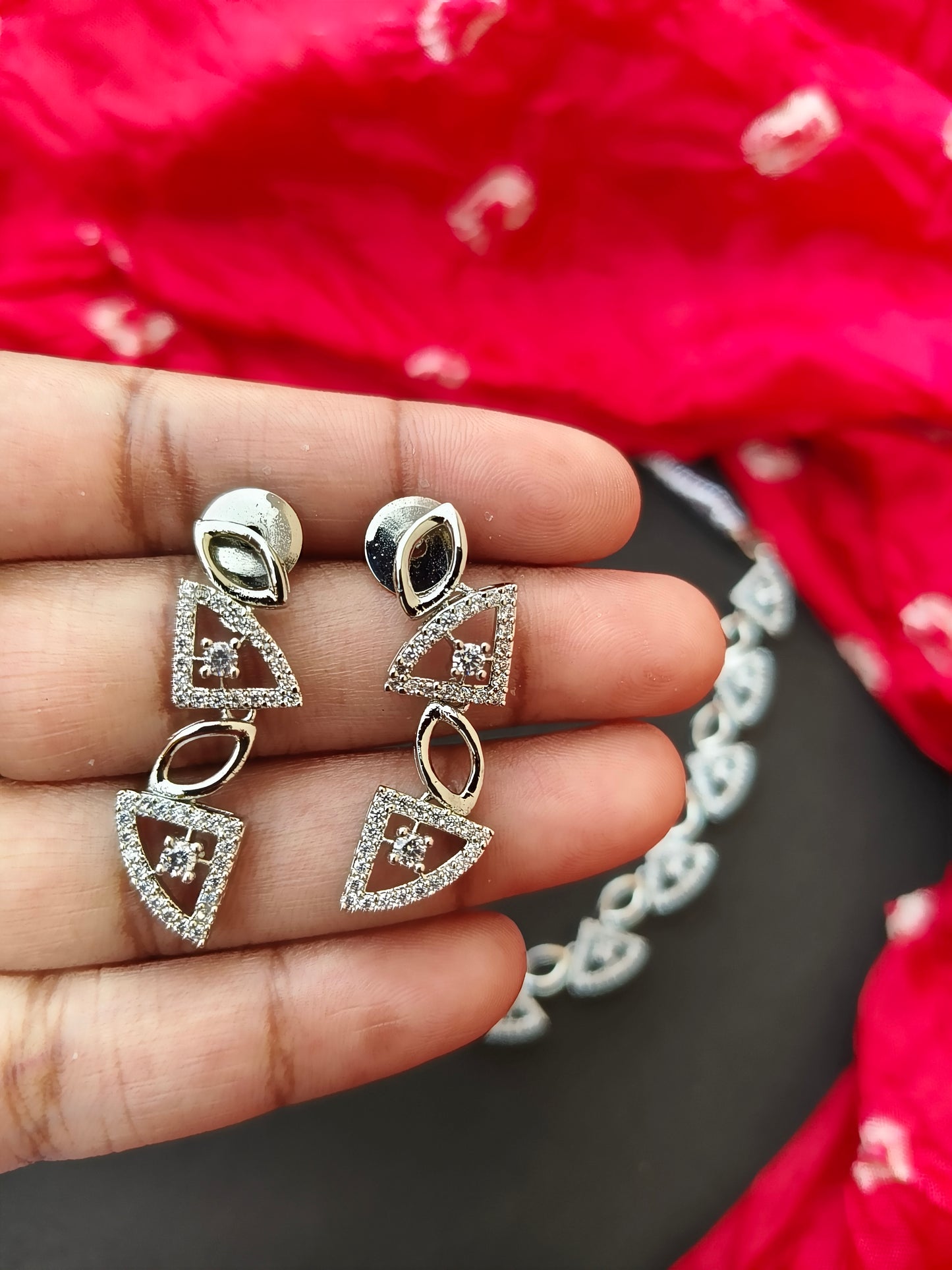 Silver Tri Shaped Zirconia Necklace Set