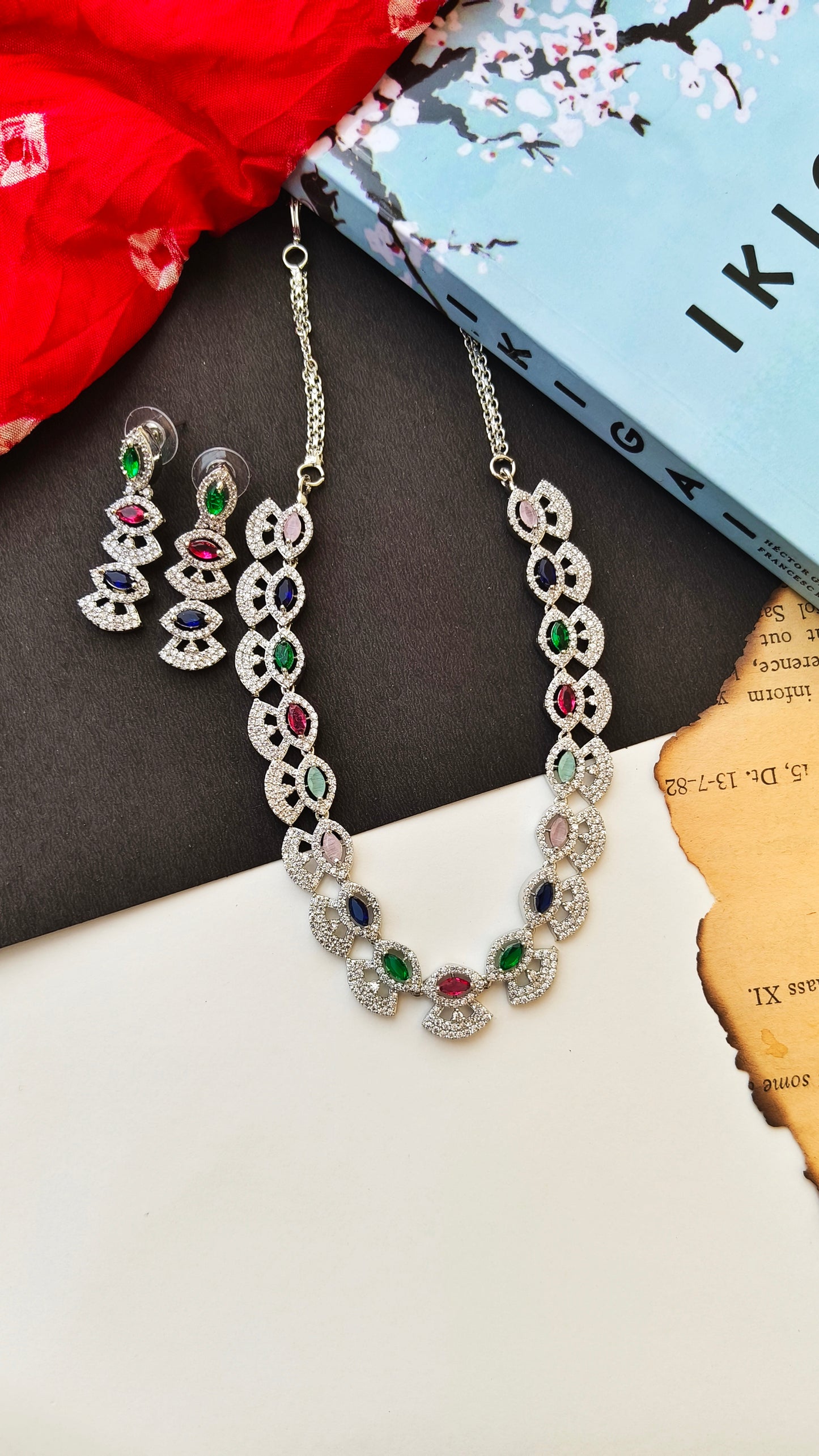 Silver Glitering Multicolor Zirconia Necklace set