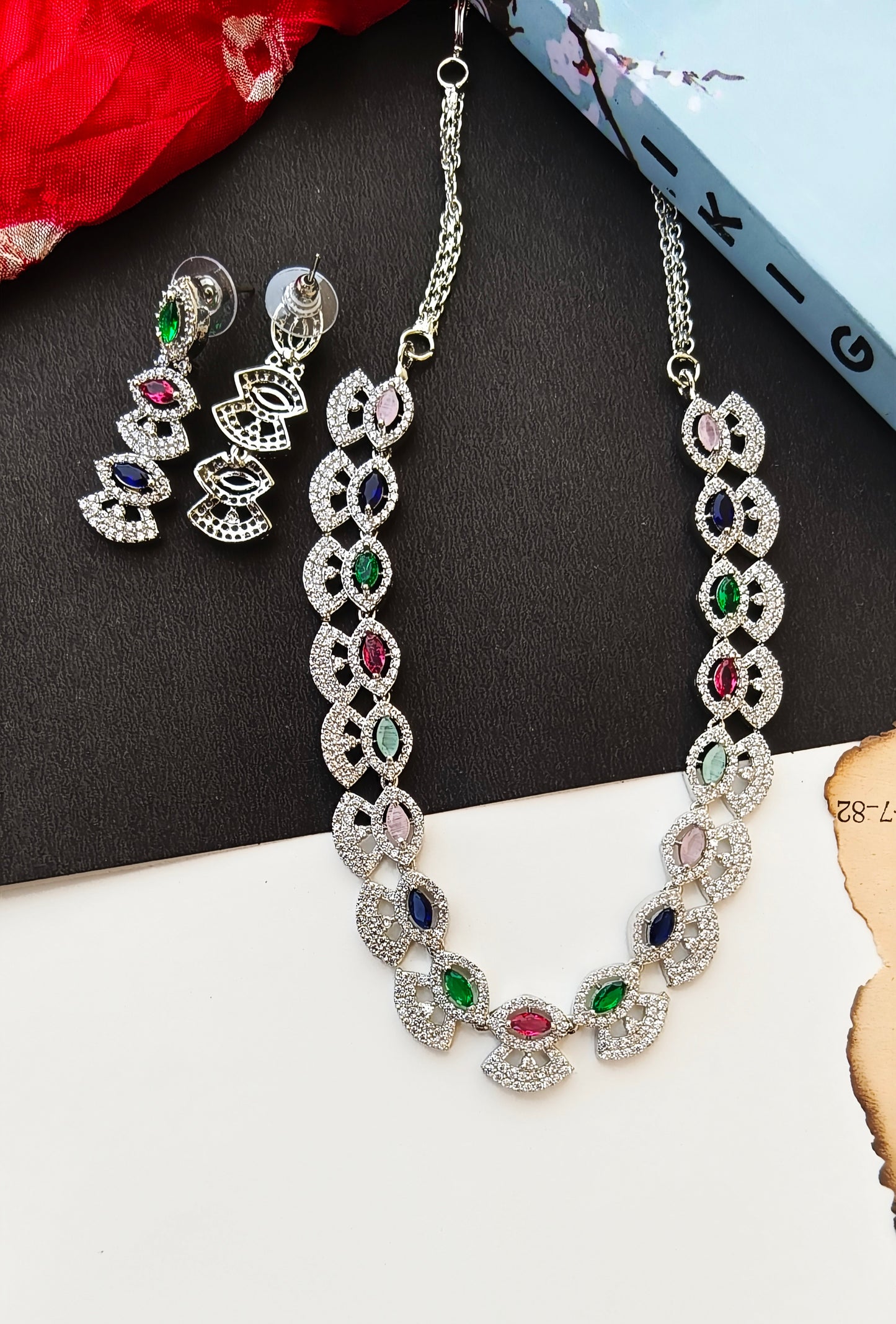 Silver Glitering Multicolor Zirconia Necklace set